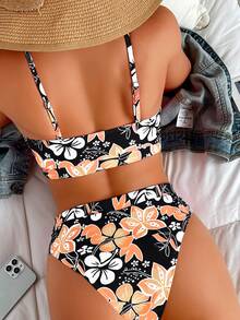 Summer Beach Random Floral Print High Waist Bikini - Multicolor - View 2