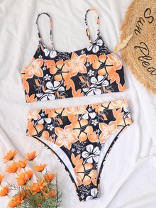 Summer Beach Random Floral Print High Waist Bikini - Multicolor - View 4