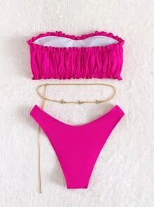 3packs Neon Pink Ruched Frilled High Cut Bikini For Summer Beach Vacation - Hot Pink - View 2