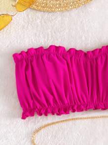 3packs Neon Pink Ruched Frilled High Cut Bikini For Summer Beach Vacation - Hot Pink - View 3