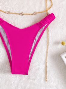 3packs Neon Pink Ruched Frilled High Cut Bikini For Summer Beach Vacation - Hot Pink - View 4