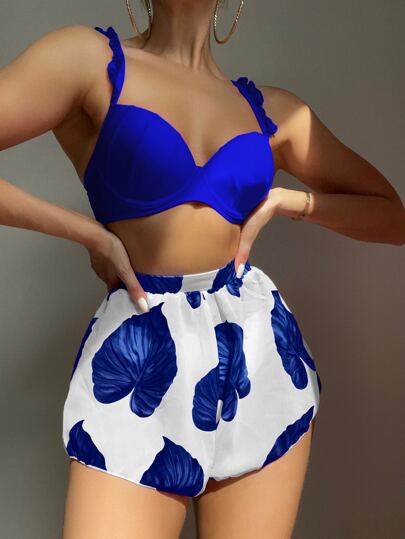 3 pacchi Estate Da Spiaggia A Foglia Stampa Bikini Push Up e Pantaloncini Da Copertura