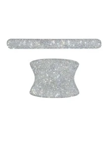 2 piezas con diseño de diamante de imitación de coche manija de la puerta Pegatina Conjunto - Plateado - Ver 2