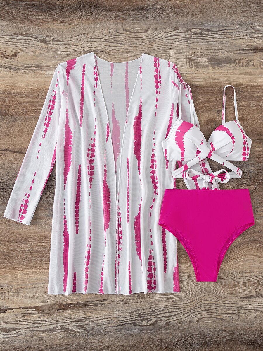 3packs Random Tie Dye Wrap Push Up Bikini - Hot Pink - View 1