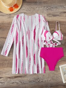 3packs Random Tie Dye Wrap Push Up Bikini - Hot Pink - View 5