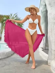 Swim Vcay Summer Beach Tassel Knot Side Cover Up Skirt - Hot Pink - View 9