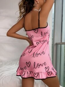 Heart & Letter Graphic Contrast Binding Ruffle Hem Cami Pajama Nightdress Holiday Season - Pink - View 2
