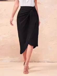 Modelyn Twist Front Wrap Hem Skirt - Black - View 1