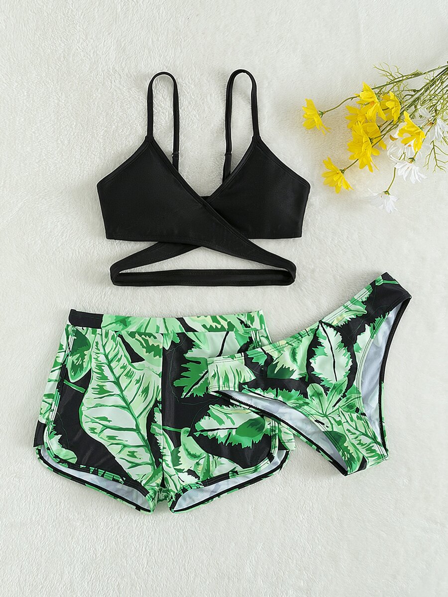 SHEIN 少女 3 件装 树叶印花交叉比基尼套装 配沙滩短裤 夏季海滩
