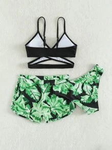 SHEIN 少女 3 件装 树叶印花交叉比基尼套装 配沙滩短裤 夏季海滩