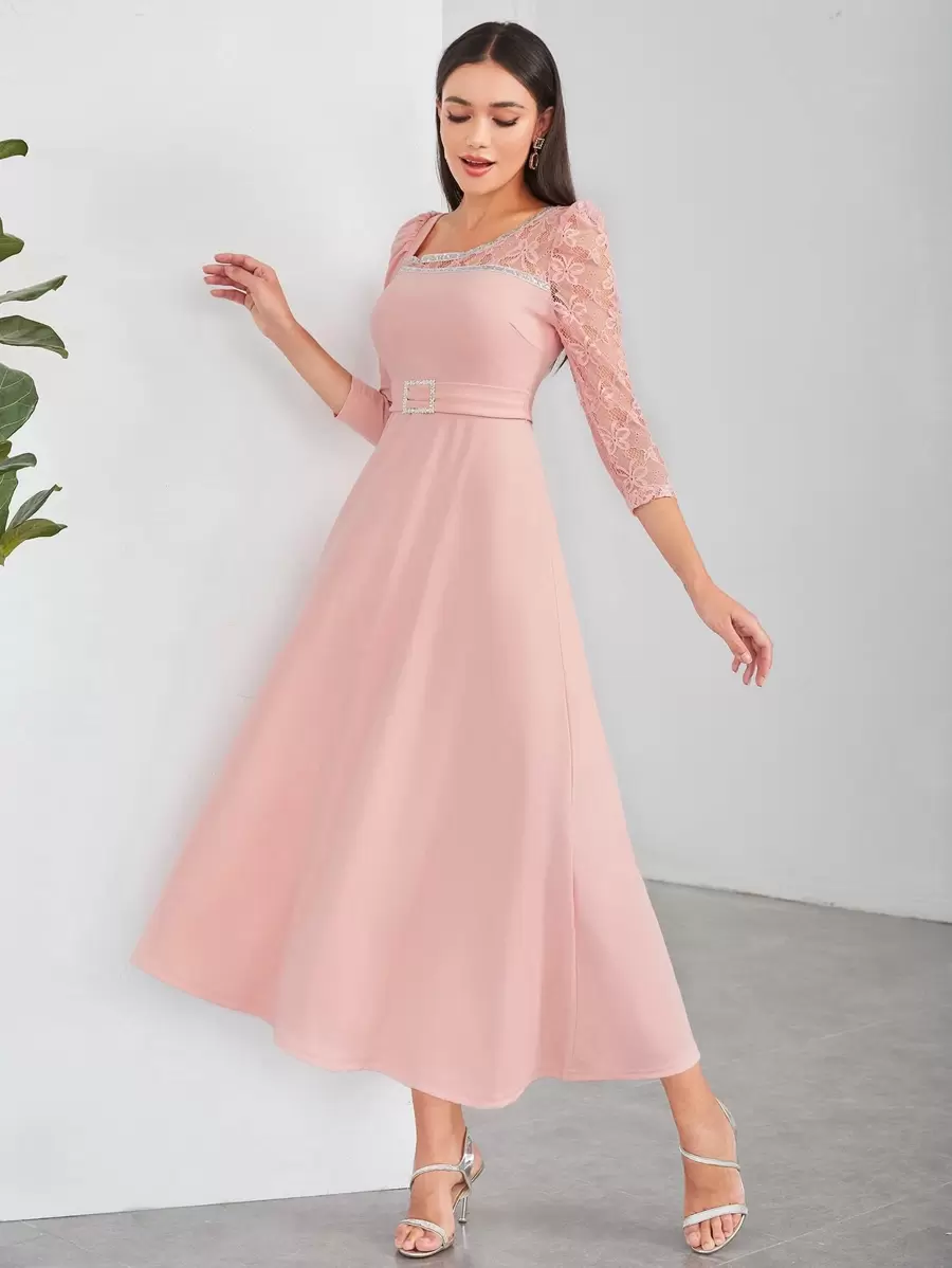 Modelyn Contrast Lace Puff Sleeve Tie Back Dress Long Evening Dresses