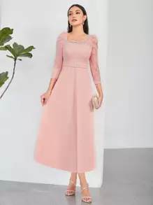 Modelyn Contrast Lace Puff Sleeve Tie Back Dress Long Evening Dresses - Baby Pink - View 4