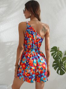Allover Floral Print One Shoulder Belted Romper - Multicolor - View 2