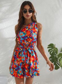Allover Floral Print One Shoulder Belted Romper - Multicolor - View 4