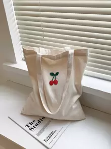 FRIFUL Einkaufstasche mit Kirsch-Dekor, Schultasche, Schultasche, tragbar, faltbar, Business-Lässig, geeignet für Teenager-Mädchen, Studentinnen, Lehrer, Berufseinsteiger und Büroarbeiter, Urlaub, Strand, Feiertage, Einkaufen, kawaii Kirsch-Elemente - Beige - Übersicht 1
