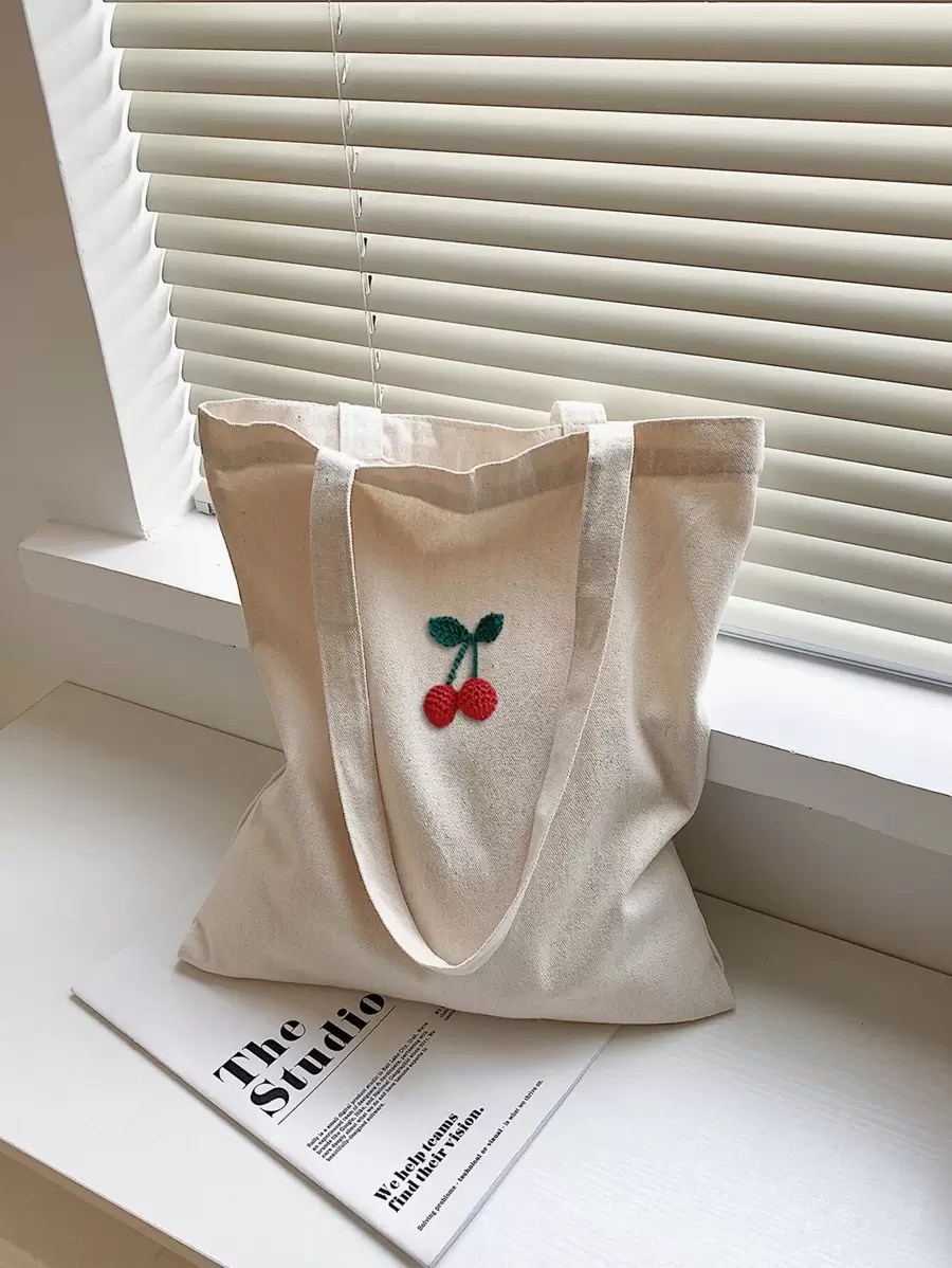 FRIFUL Einkaufstasche mit Kirsch-Dekor, Schultasche, Schultasche, tragbar, faltbar, Business-Lässig, geeignet für Teenager-Mädchen, Studentinnen, Lehrer, Berufseinsteiger und Büroarbeiter, Urlaub, Strand, Feiertage, Einkaufen, kawaii Kirsch-Elemente - Beige - Übersicht 1