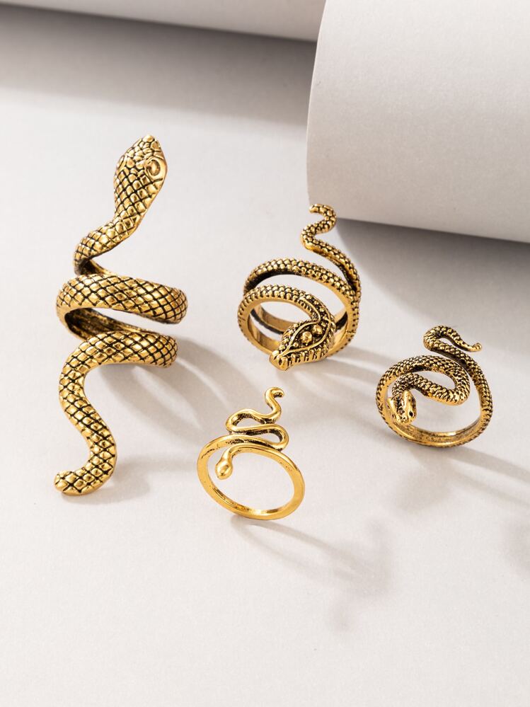 imoli 4pcs/Set Fashionable Punk Style Snake Carved Alloy Ring Set, Suitable For Party, Gathering, Gift - Yellow Gold - View 2