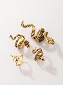 imoli Set de 4 anillos de aleación con diseño de serpiente tallada en estilo punk moderno, adecuado para fiestas, reuniones y regalos - Amarillo Oro - Ver 6
