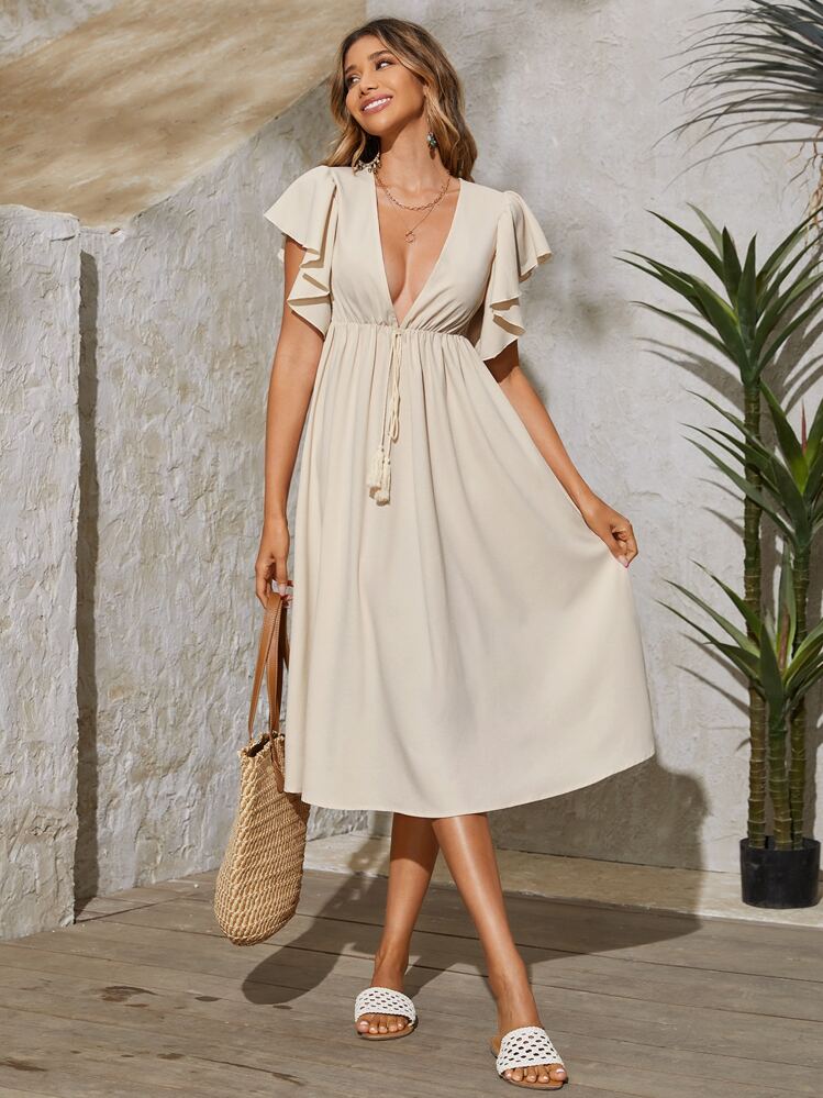 SHEIN VCAY Robe décolleté à manches papillon à nœud dos-nu - Nude - Voir 2