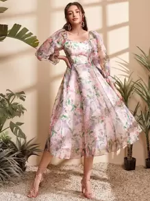 Modelyn 花卉灯笼袖连衣裙长款晚礼服 - 彩色 - 查看 5