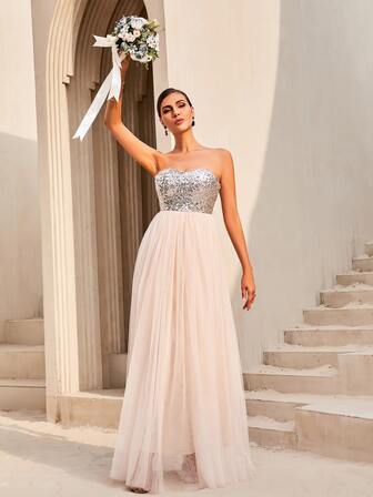 LOVE&LEMONADE Contrast Sequin Backless Mesh Tube Bridesmaid Dress