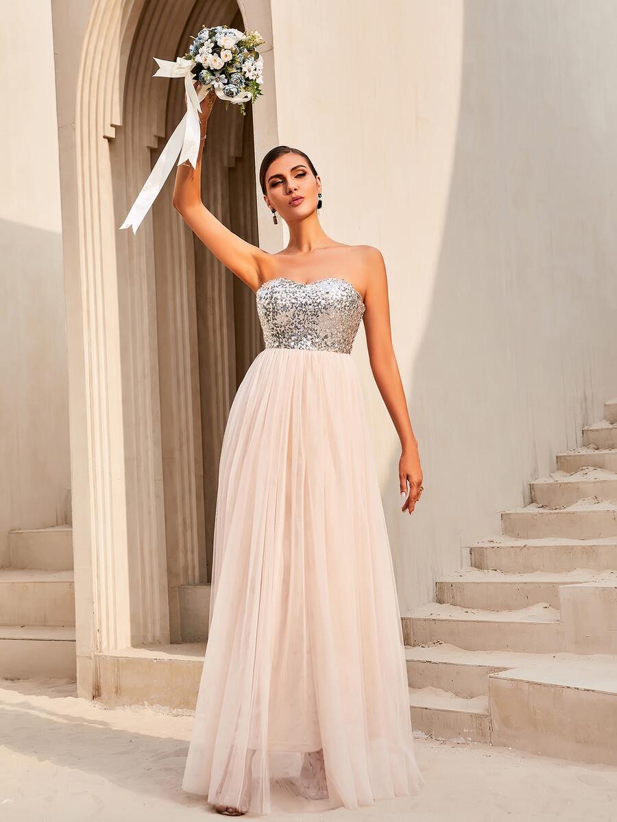 LOVE&LEMONADE Contrast Sequin Backless Mesh Tube Bridesmaid Dress - Baby Pink - View 1