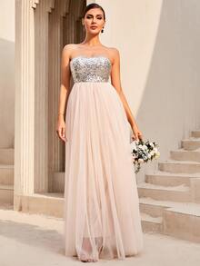 LOVE&LEMONADE Contrast Sequin Backless Mesh Tube Bridesmaid Dress - Baby Pink - View 3