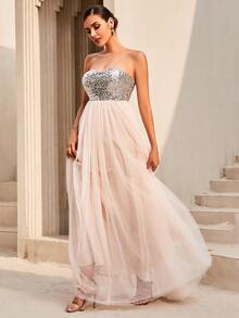 LOVE&LEMONADE Contrast Sequin Backless Mesh Tube Bridesmaid Dress - Baby Pink - View 4