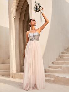 LOVE&LEMONADE Contrast Sequin Backless Mesh Tube Bridesmaid Dress - Baby Pink - View 6