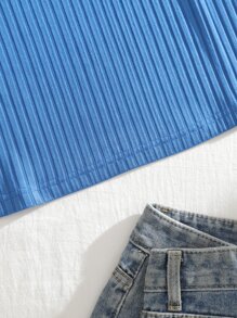 SHEIN EZwear Top tank crop tejido de canalé con estampado de letra - Azul - Ver 5