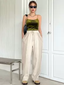 DAZY Áo Cami nhung rắn - Màu xanh Ô liu - Xem 5