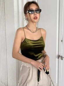 DAZY Áo Cami nhung rắn - Màu xanh Ô liu - Xem 7