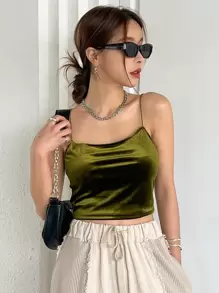 DAZY Áo Cami nhung rắn - Màu xanh Ô liu - Xem 8