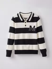 Niños Jersey de rayas & con patrón de letra de cuello polo - Blanco y Negro - Ver 1