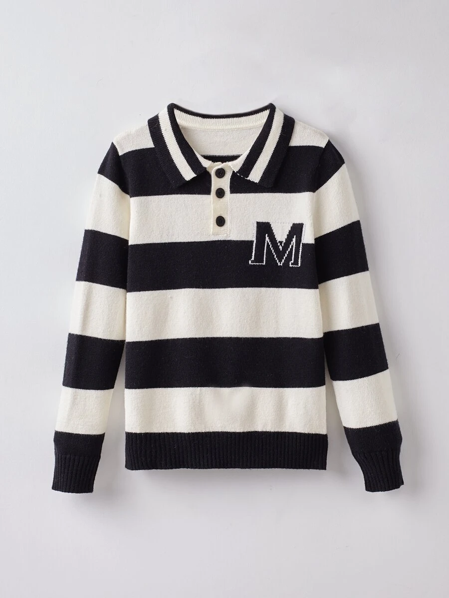 Niños Jersey de rayas & con patrón de letra de cuello polo - Blanco y Negro - Ver 1
