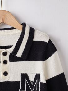 Niños Jersey de rayas & con patrón de letra de cuello polo - Blanco y Negro - Ver 3