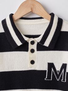 Niños Jersey de rayas & con patrón de letra de cuello polo - Blanco y Negro - Ver 4