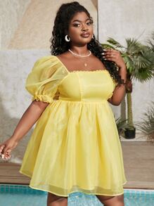 SHEIN Privé Plus Square Neck Puff Sleeve Tie Back Organza Dress - Yellow - View 3