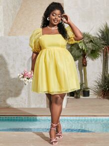 SHEIN Privé Plus Square Neck Puff Sleeve Tie Back Organza Dress - Yellow - View 4