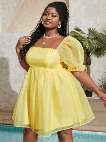 SHEIN Privé Plus Square Neck Puff Sleeve Tie Back Organza Dress - Yellow - View 5