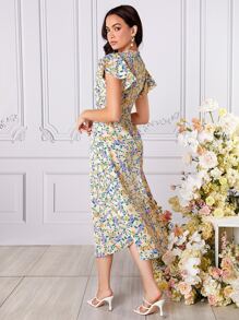 Mulvari Vestido ajustado con estampado floral de cuello en contraste - Multicolor - Ver 3