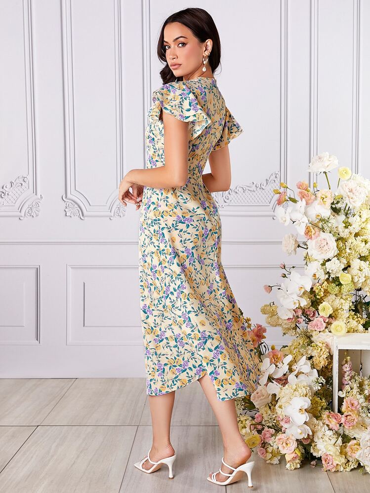 Mulvari Đầm Tương phản ren Xù Hoa Tất cả trên in Retro - Nhiều màu - Xem 3