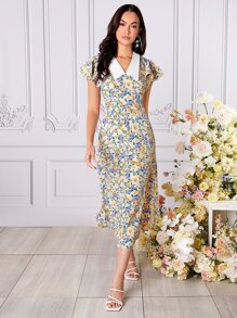 Mulvari Vestido ajustado con estampado floral de cuello en contraste - Multicolor - Ver 4