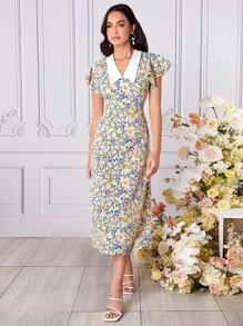 Mulvari Vestido ajustado con estampado floral de cuello en contraste - Multicolor - Ver 5