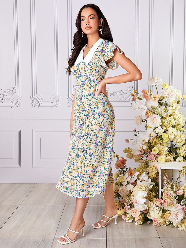 Mulvari Đầm Tương phản ren Xù Hoa Tất cả trên in Retro - Nhiều màu - Xem 2