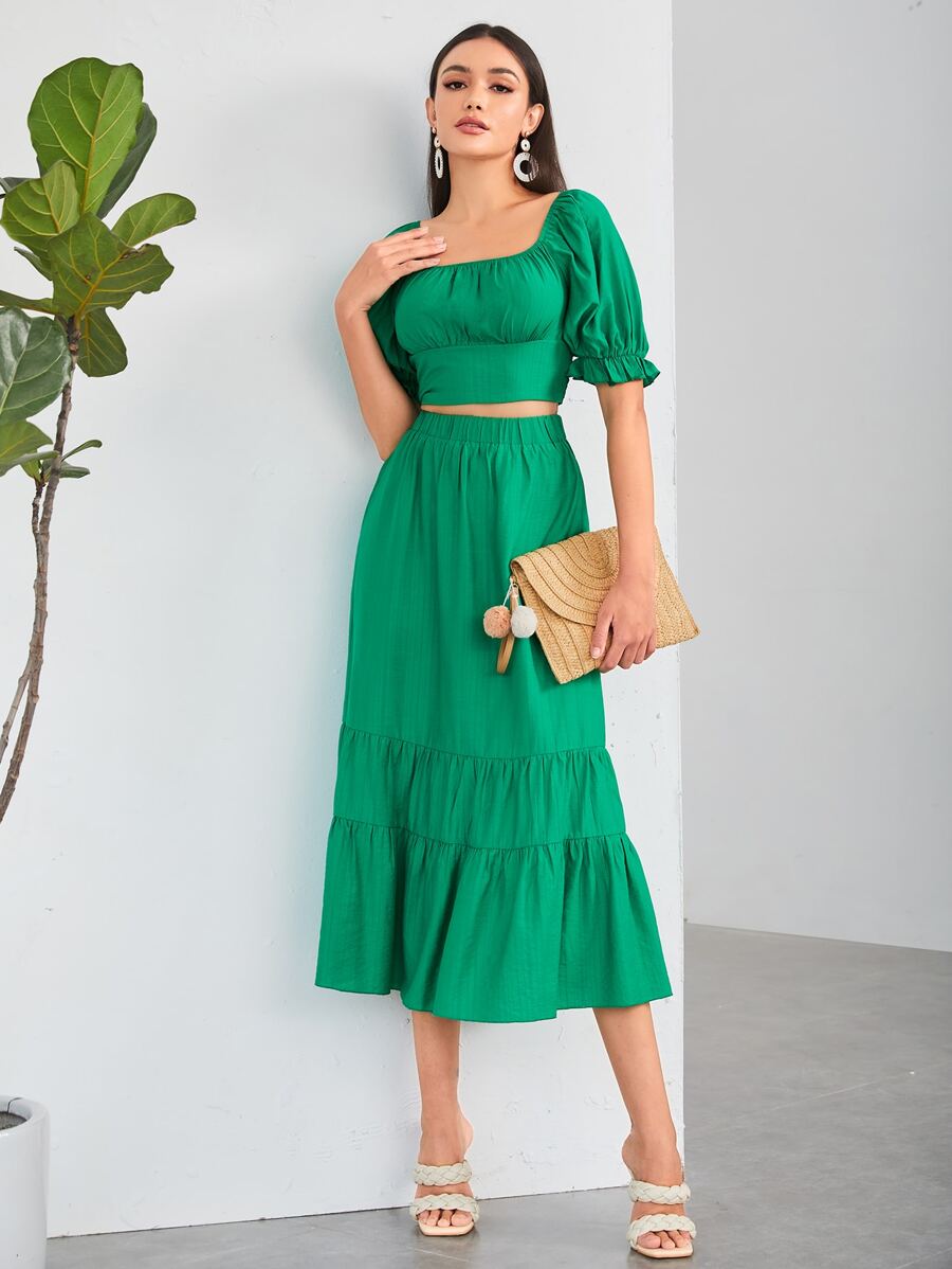 SHEIN VCAY Top de manga farol pecho con fruncido & Falda bajo con fruncido - Verde - Ver 1