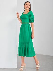 SHEIN VCAY Top de manga farol pecho con fruncido & Falda bajo con fruncido - Verde - Ver 4