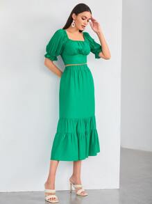 SHEIN VCAY Top de manga farol pecho con fruncido & Falda bajo con fruncido - Verde - Ver 5