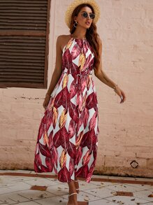 SHEIN VCAY Tropical Print Tie Front Halter Dress - Multicolor - View 1