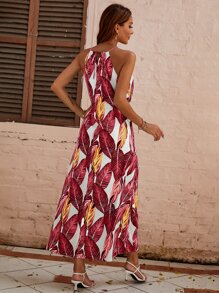 SHEIN VCAY Tropical Print Tie Front Halter Dress - Multicolor - View 2